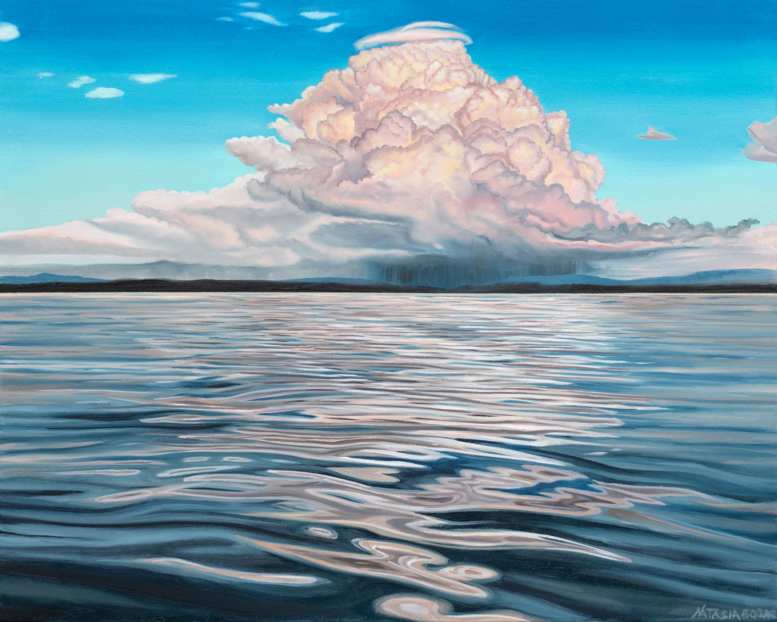 photo-realistic oil painting of lake with storm cloud
