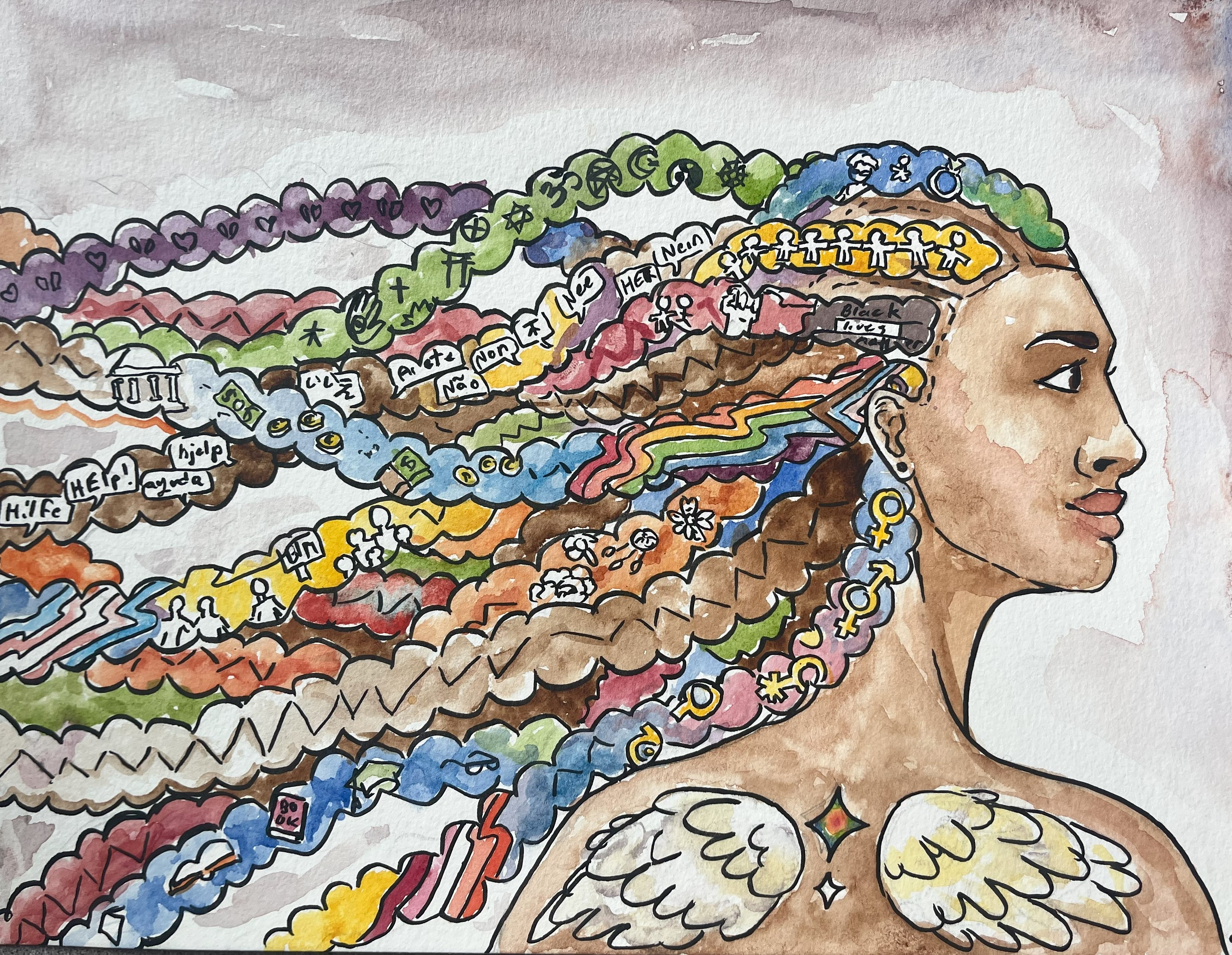 image of a woman with wings, and symbols and text incorporated into colorful flowing hair