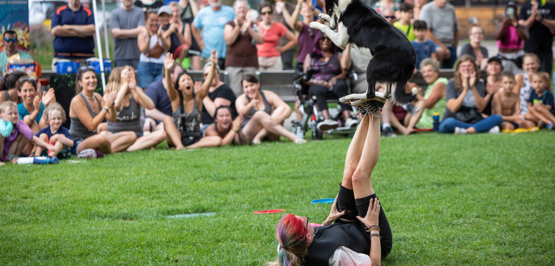 A hpotograph of a black and white dog banaling on the feet of a woman laying on her feet, while a cheering crowd looks on