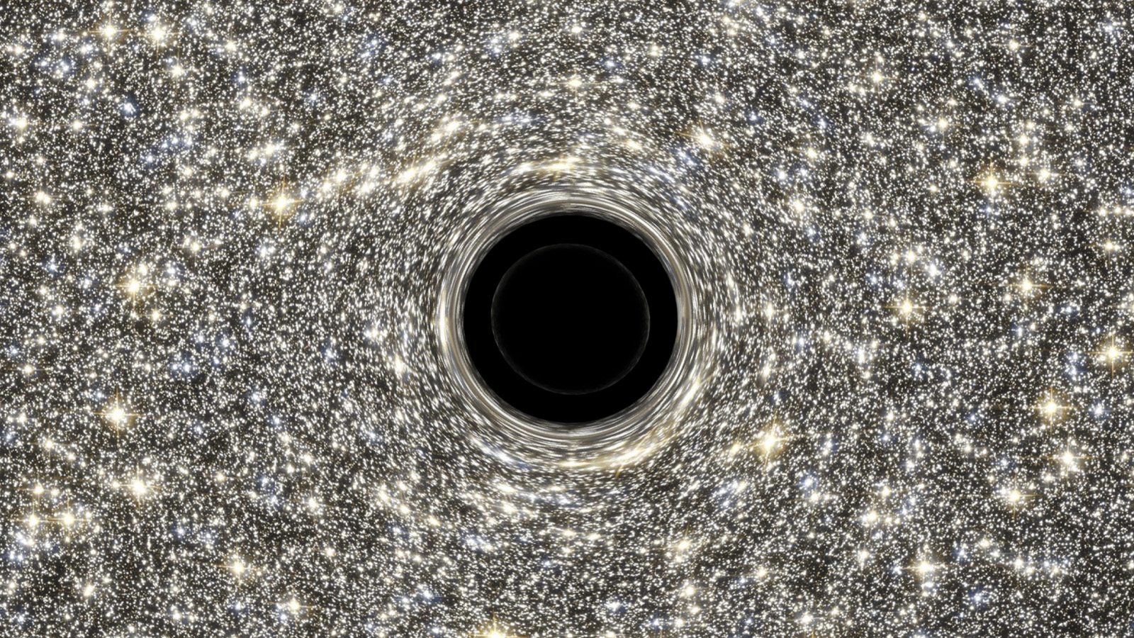 A video still showing our universe, with an omission of planet earth dipicted by a black hole