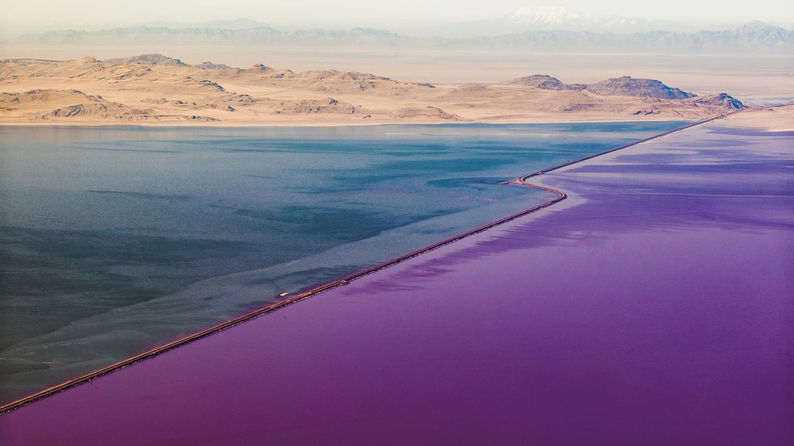 A western desert landscape with a vibrant, possibibly altered by the artist, deep blue and purple lake