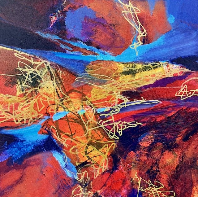 abstract mixed media painting in blue, red, purple & gold