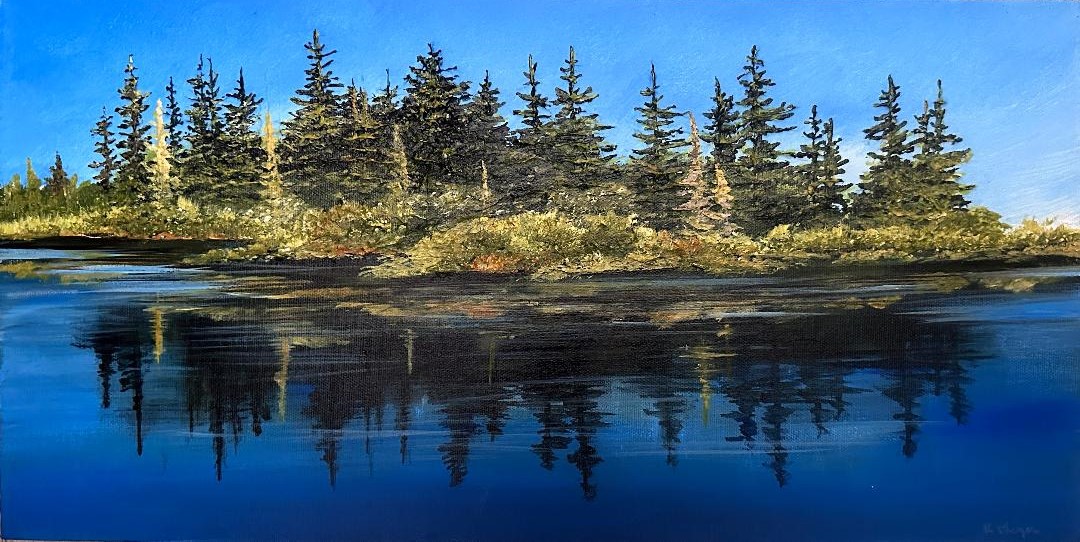 Landscape painting in blues and greens depicting pine trees reflected on lake