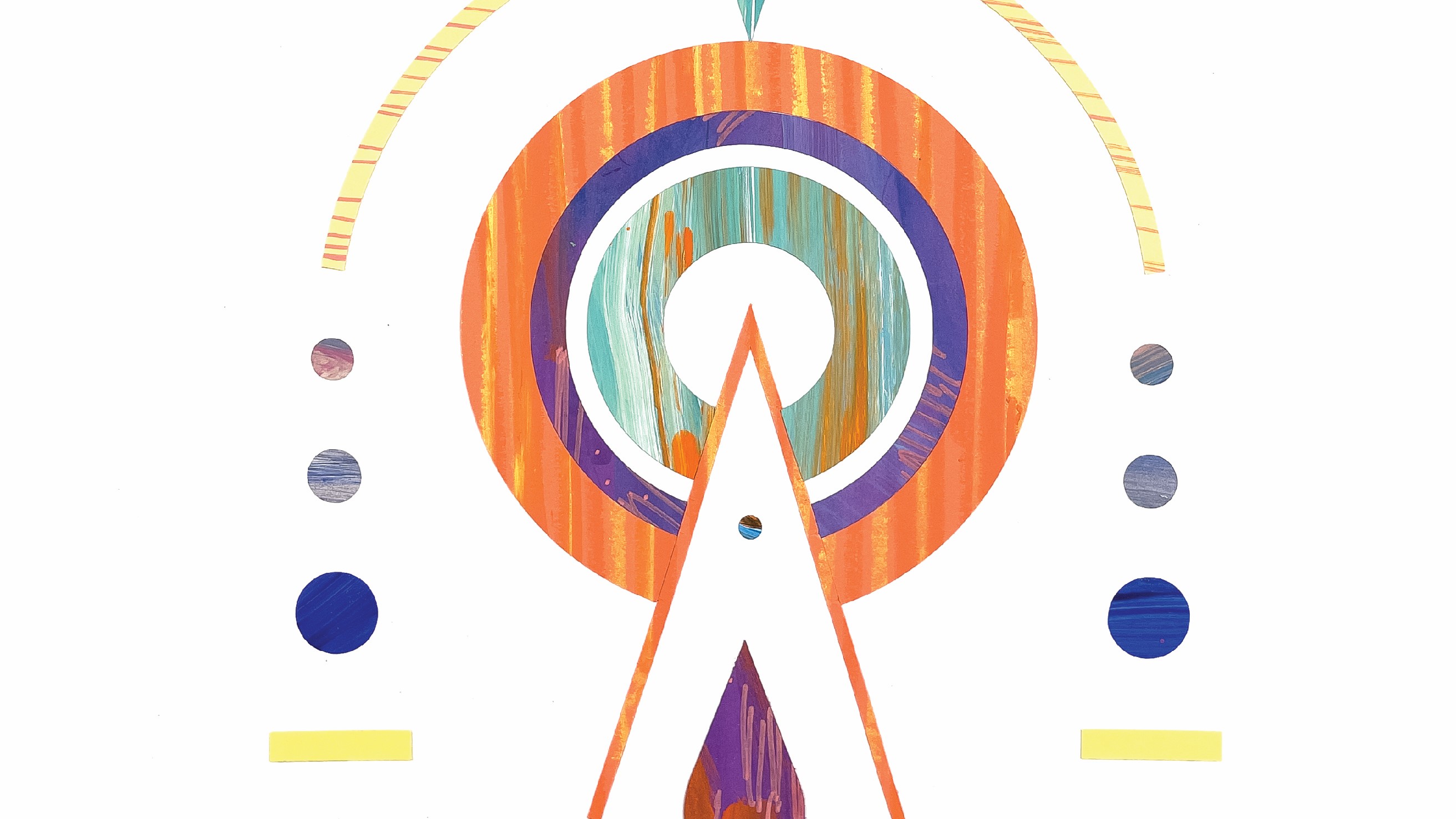 abstract collage with colorful concentric circles, dots and geometric shapes 