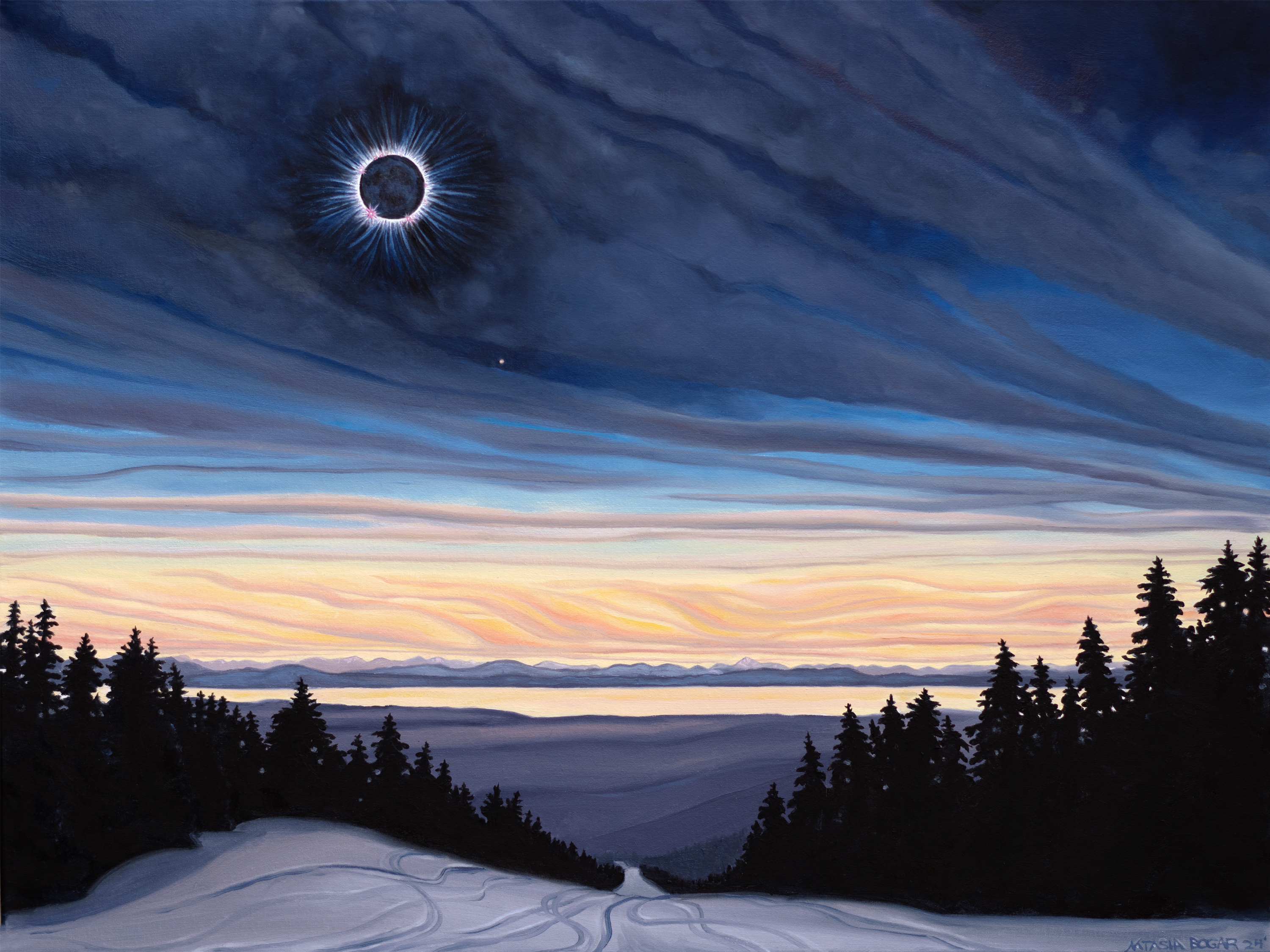 oil painting of winter mountain top landscape with eclipse