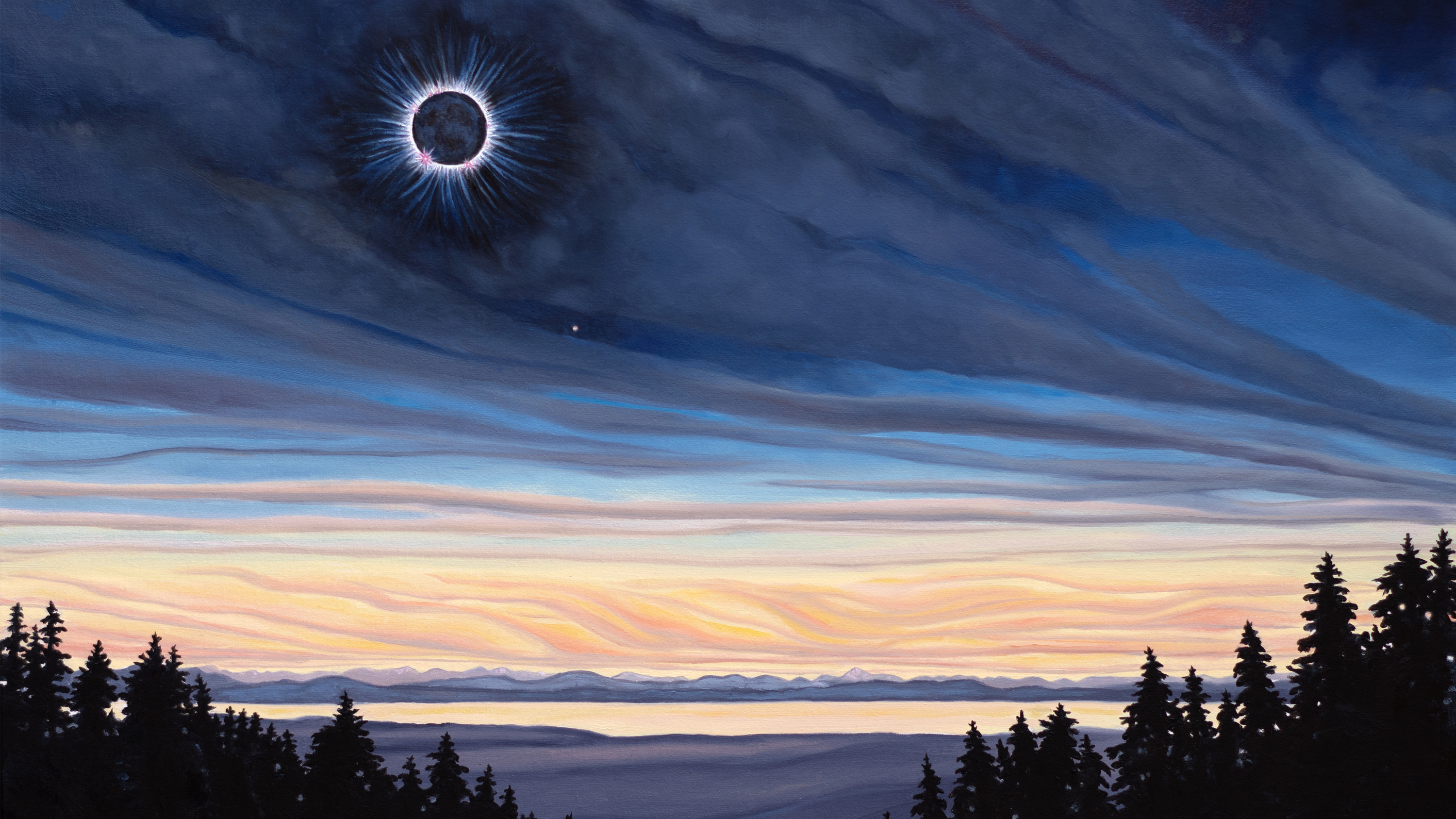 oil painting of winter mountain top landscape with eclipse