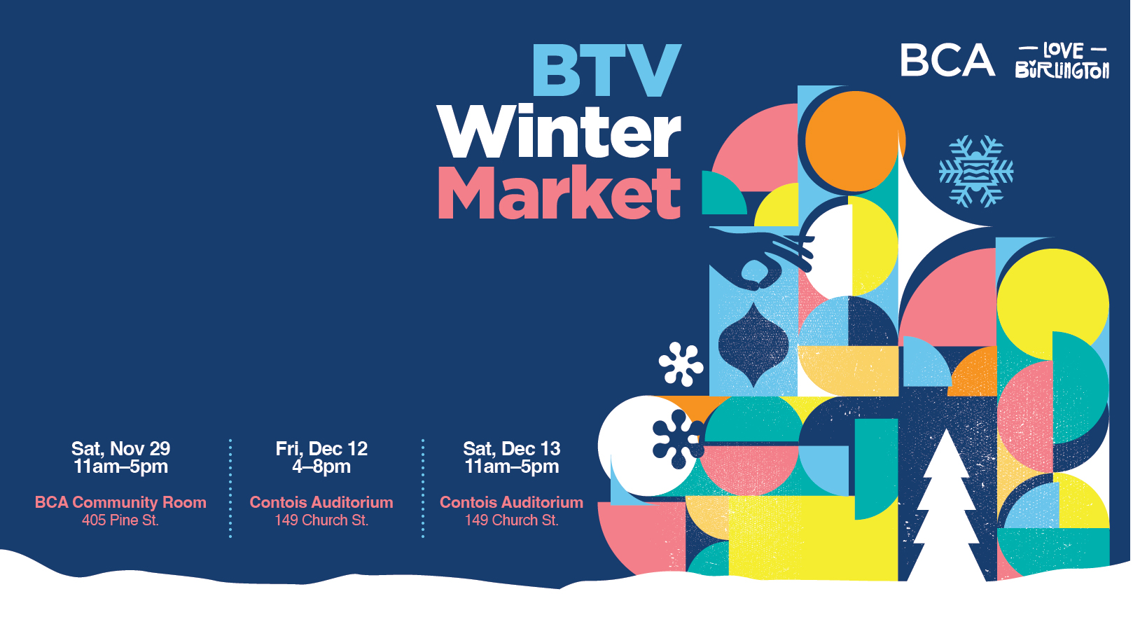 A festive design of geometric shapes promoting the Holiday Winter MArket