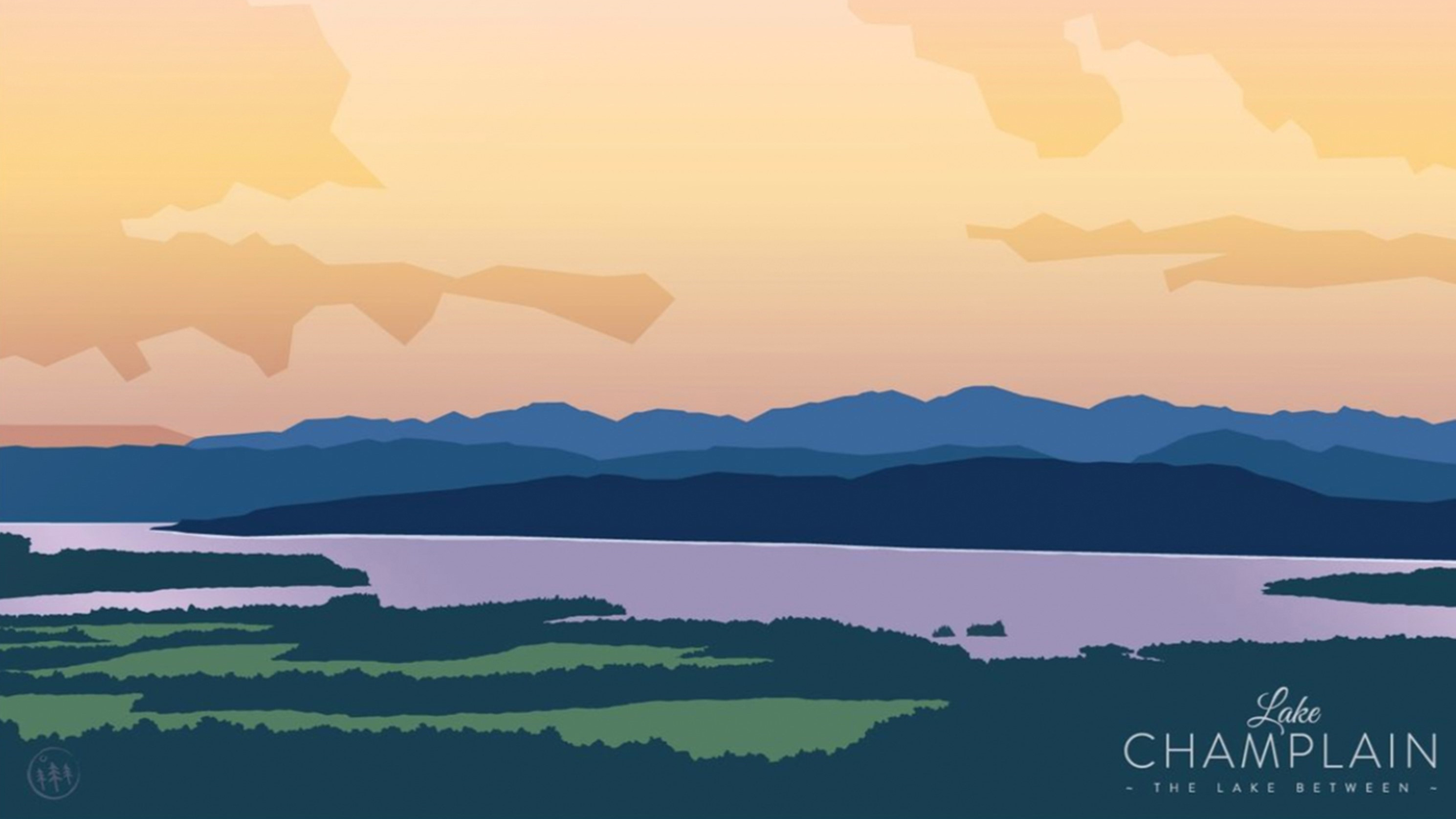 Digital illustration, dusk view of Lake Champlain and Adirondacks 