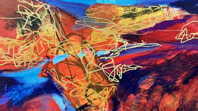 An abstract painting with golds, reds, and blues