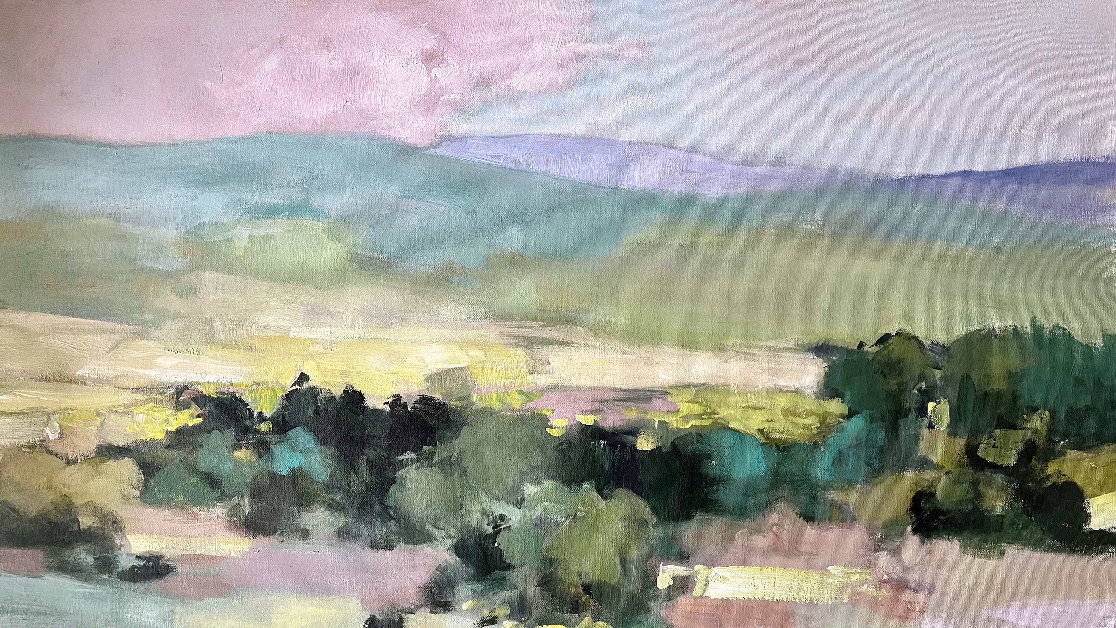 landscape with mountains and trees in muted pastel colors