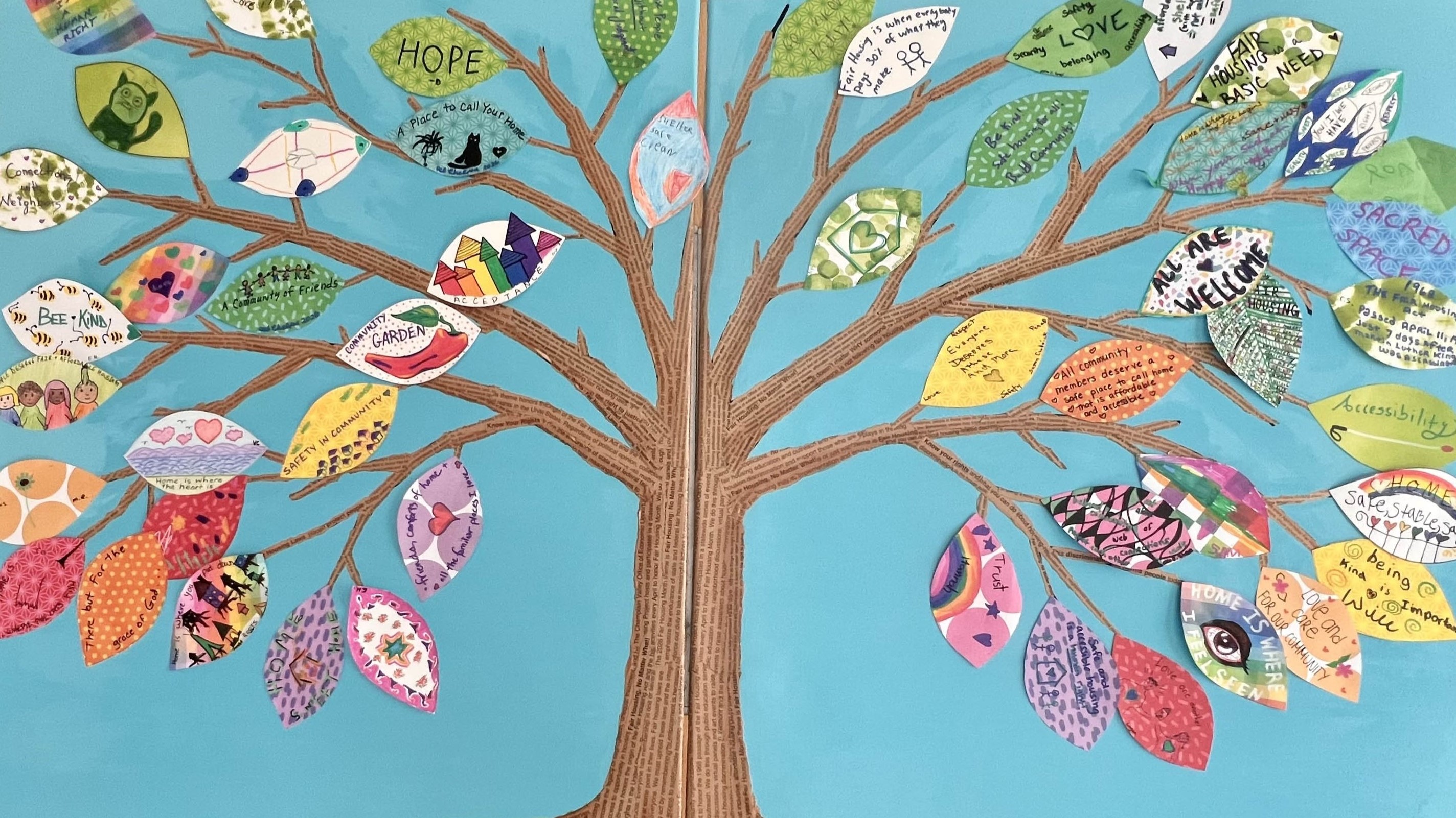 collage of tree with variety of illustrations and writing on leaves and teal blue background