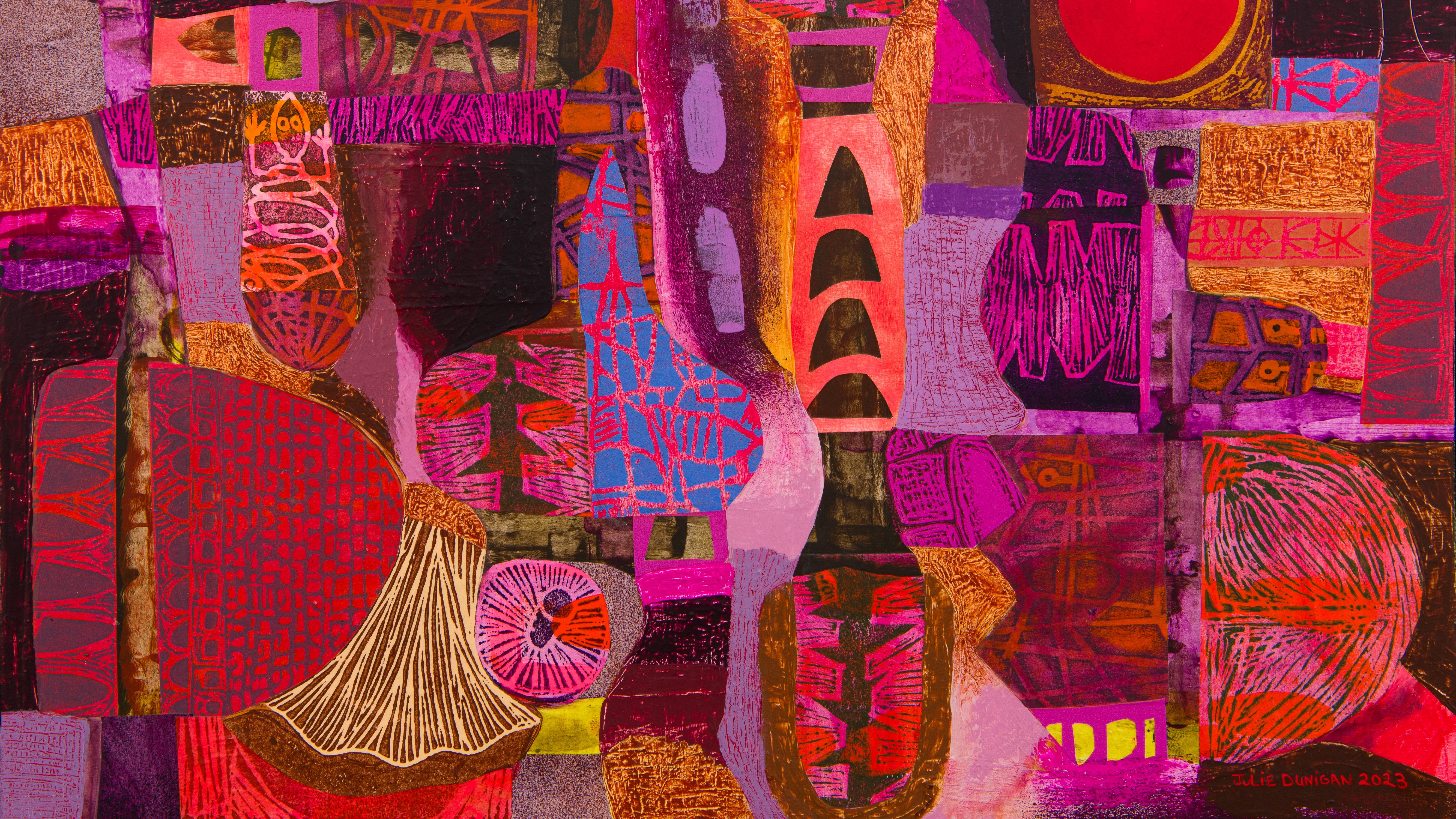 abstract mixed media collage with shapes in pinks, reds and purples