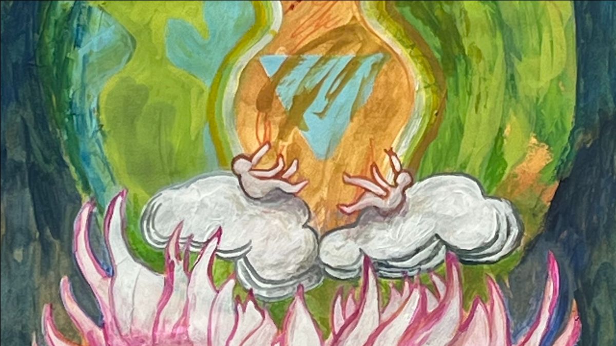 painting of two human figures on clouds with abstracted background