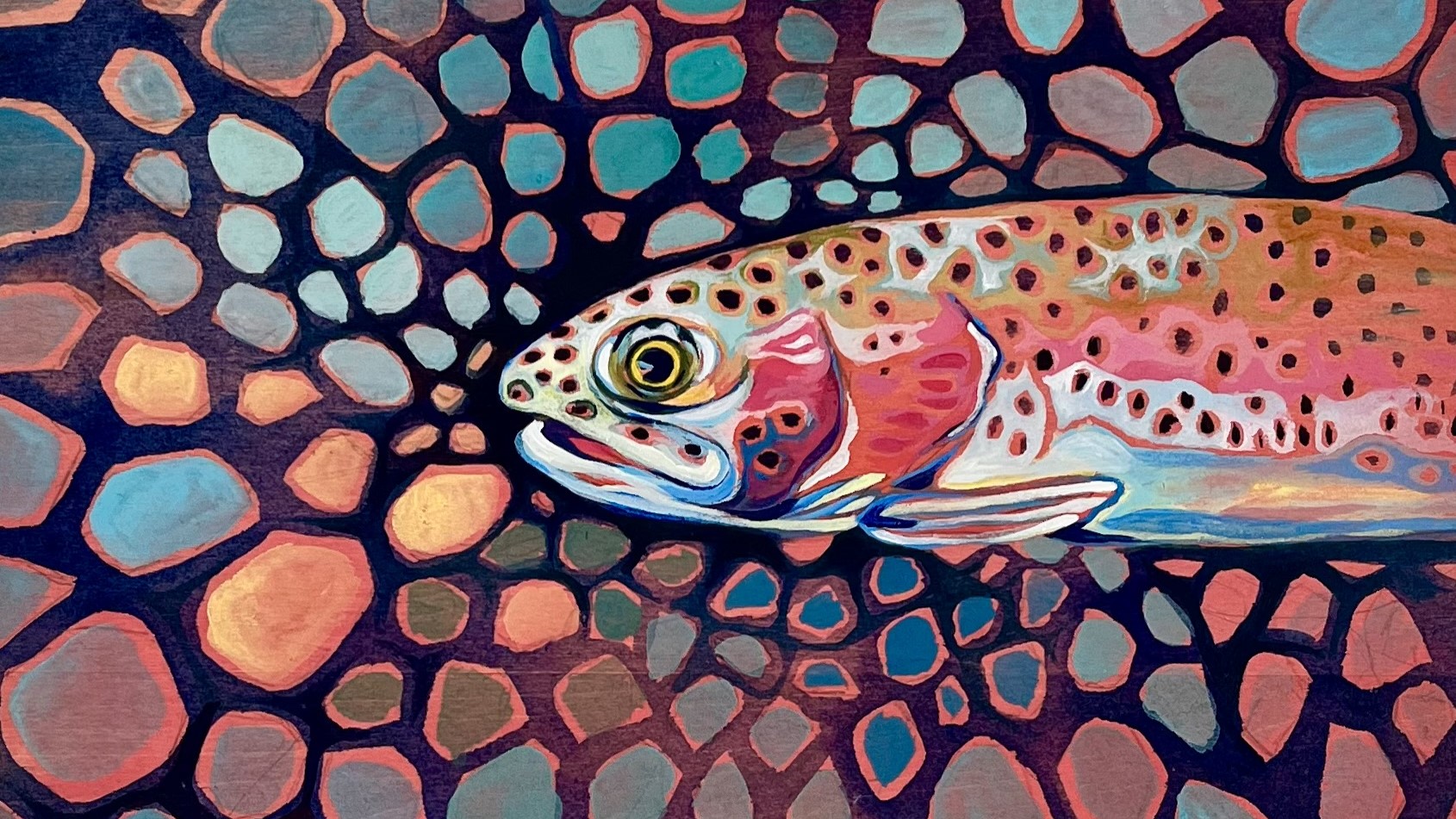 Painting of fish surrounded by shapes