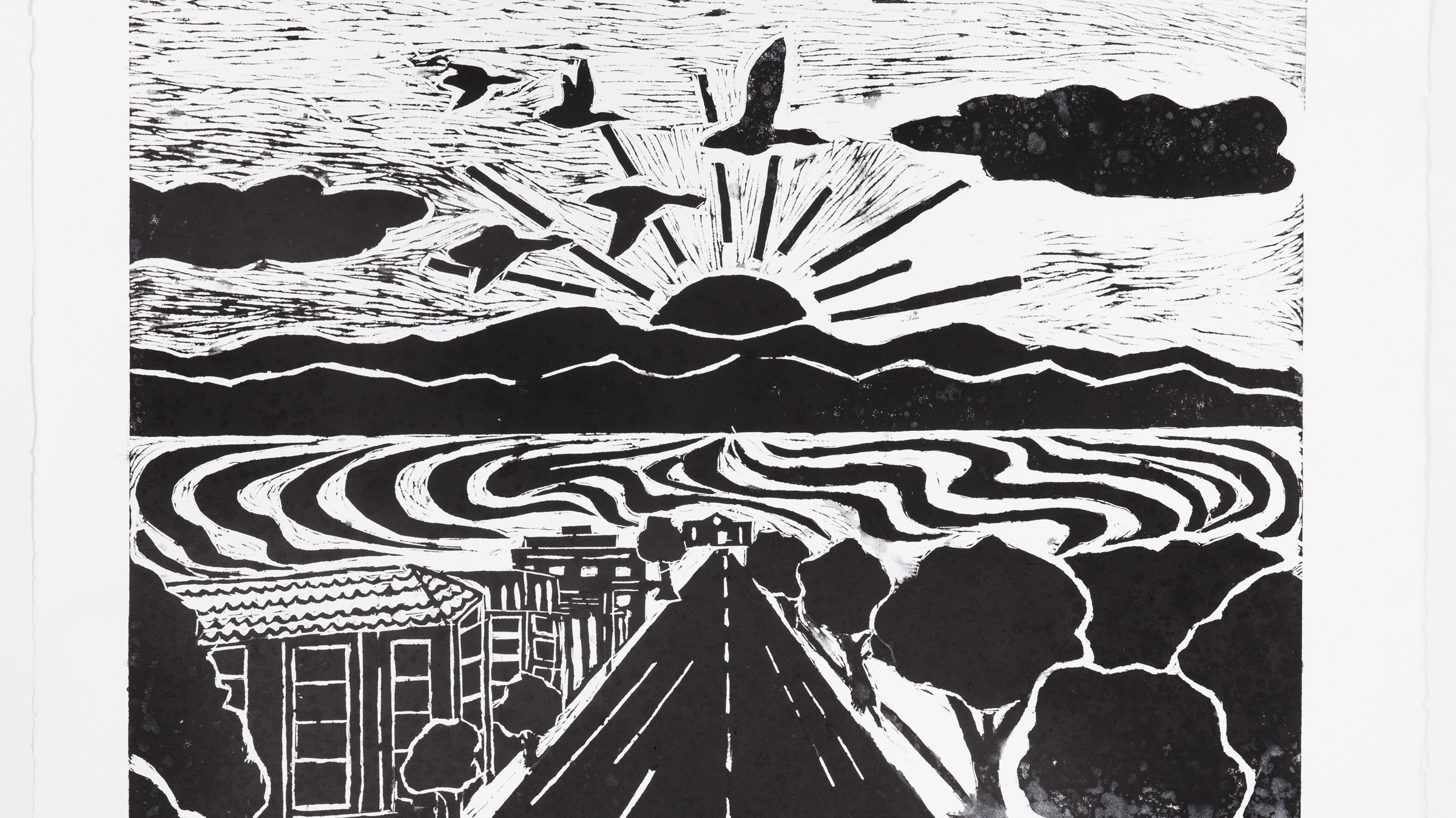 black and white block print depicting the view down main street, lake, mountains and trees