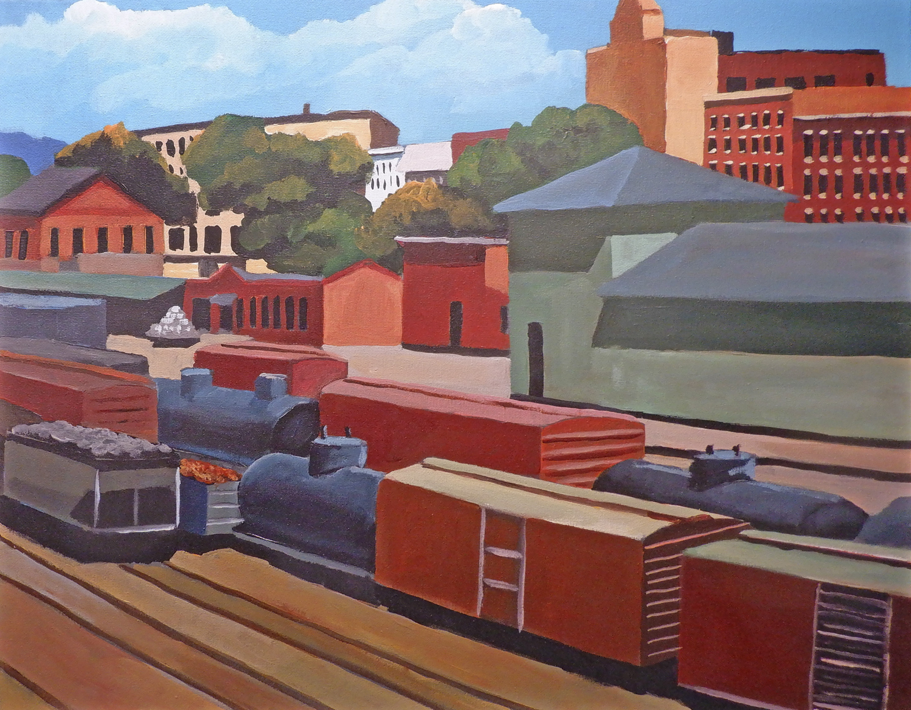 Colorful painting of trains in Rutland Railyard
