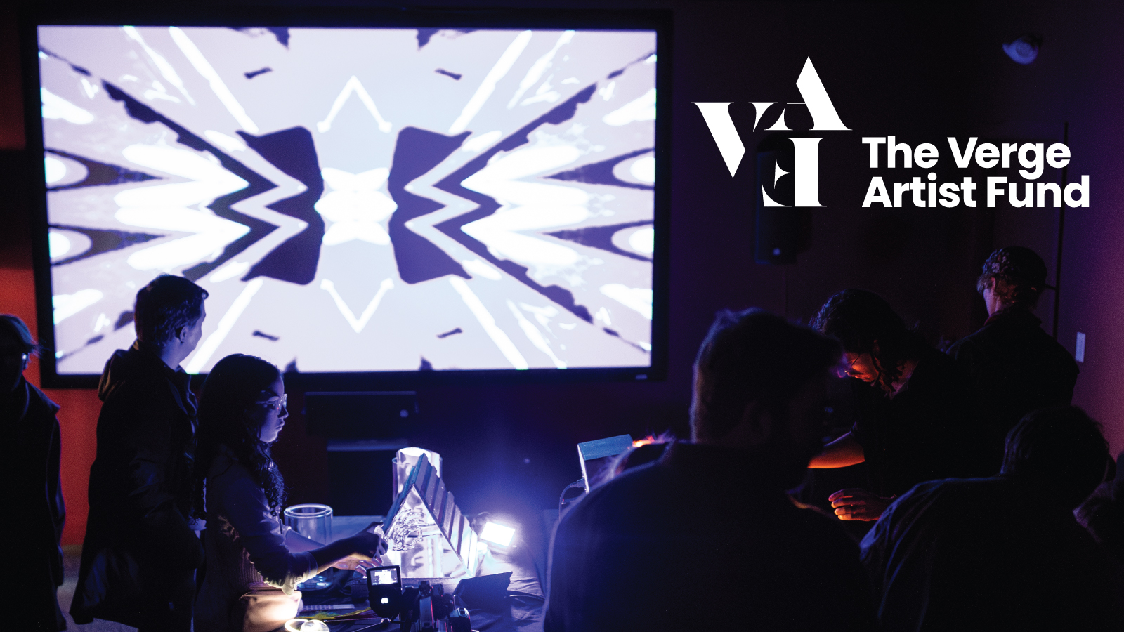 The Verge Artist Fund over an image of an abstract light installation on a screen
