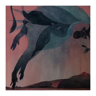 a print of leaves and flora transforming into outstretched hands in muted blues and greens with a gradient pink background