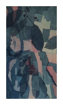 a print of overlapping leaves and flora in muted blues, greens and pinks
