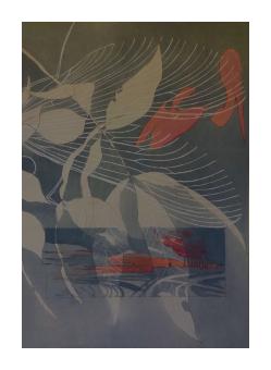 a print of overlapping leaves and flora in muted blues, greens and oranges