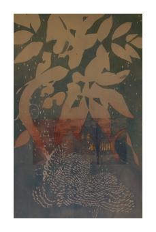 a print of overlapping leaves, a house, and flora in muted blues, greens and oranges