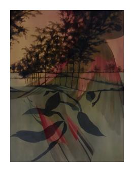 a print of a pink and green mountain overlaid with abstract leaf like shapes in dark blues