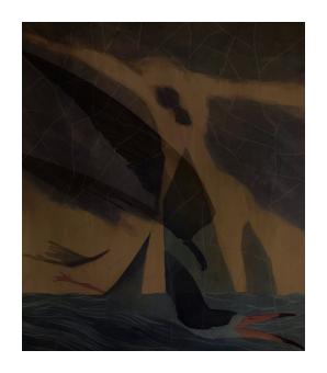 a print of abstract shapes in dark blues and grey overlapping with a bird diving into water