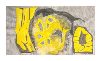 A painted and drawn mural titled, I See You, which depicts a stylized human face and hands composed of abstract pencil drawn curvilinear shapes, with some painted bright yellow.