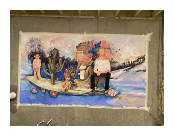 A painted and collaged mural titled, Abre Tus Ojos (Open Your Eyes), that depicts a dreamlike landscape of overlapping images, including two young children in a canoe with a cactus, a young man sitting in a chair with his eyes closed, the body of a woman wearing a white bathing suit, sitting and turning towards the viewer with an oversized head of a young man, blooming pink flowers, and water painted in shades of blue that turns into a snowy field in shades of white and grey with a city skyline in the backg
