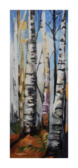 A painting of white birch trees against a blue sky