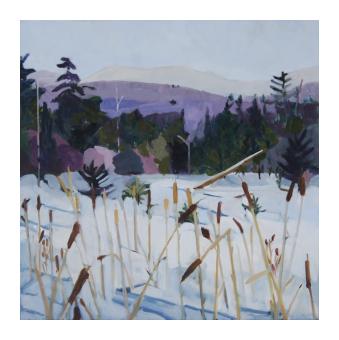 A painting of drooping cattails poking up through the snow, with evergreen trees, and a purple mountain in the background.