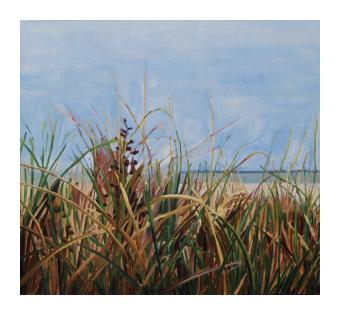 A painting of brown and green dune grass with a sandy beach and the ocean in the background with a blue sky overhead.