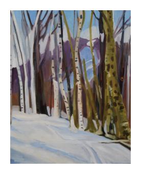 a painting of bare, white birch trees in a snowy forest, with a mountain and blue sky in the background