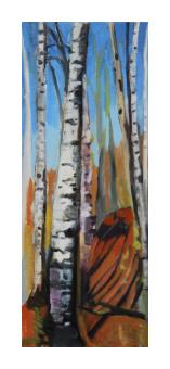 A painting of bare, white birch trees, lining a winding dirt path against a blue sky