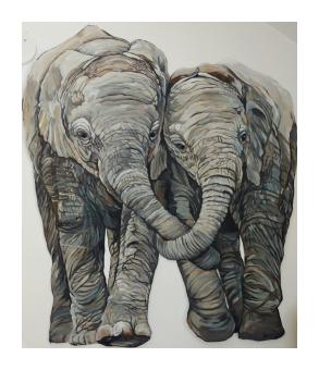 A mural of two grey elephants walking together with their trunks intertwined 