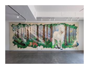 A mural of an enchanted forest with sunlight filtering through trees a fox, a gnome, a peacock and a large white unicorn