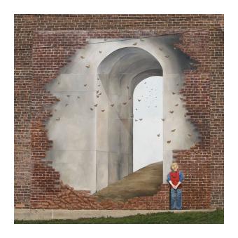 a mural on a brick wall of a trompe l'oeil archway with a boy wearing a red shirt standing beside it 