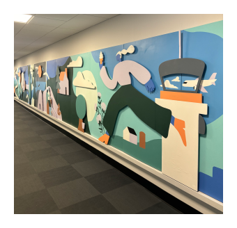 A pastel mural of cut-out figures in motion.