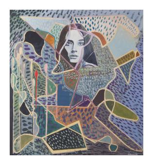 acrylic abstract, colorful painting with woman's face surrounded by geometric and organic shapes and a repeating dot pattern.