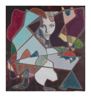 acrylic, abstract painting with black and white face and colorful geometric shapes.