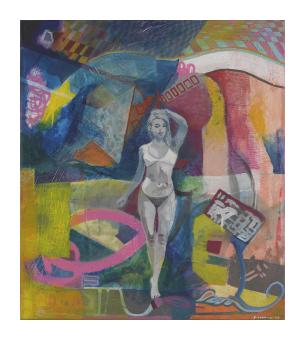 acrylic abstract painting of a woman painted black and white surrounded by a colorful combination shapes, patterns, and objects
