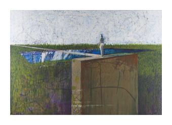 acrylic painting with a distant person on a rectangular beam in a grassy field.