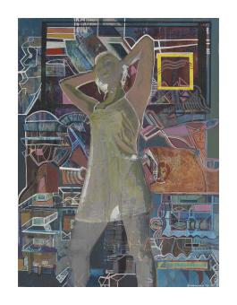 acrylic, abstract painting of a person with colorful shapes and lines surrounding them.