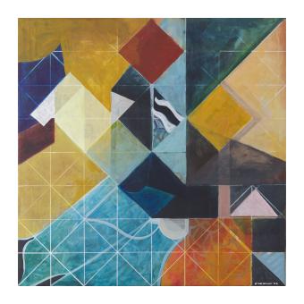 acrylic, abstract painting with colorful geometric shapes.