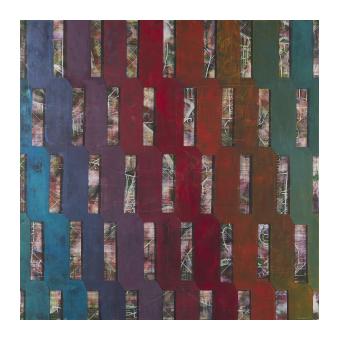 abstract acrylic painting with colors and repeating rectangles.