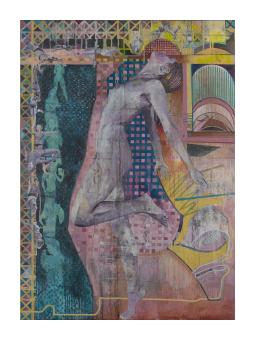 abstract acrylic painting of a woman's body surrounded by organic shapes filled with abstract patterns and the combining of primary colors.