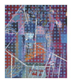 abstract painting using color, lines, shapes, and facial elements to describe the emotions of a face.