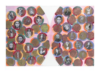 Abstract painting of two pink circles filled with colorful smaller circles, some filled with images of people's faces.