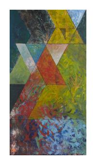 abstract, acrylic painting with a repeating triangular shape and blurring of primary colors.