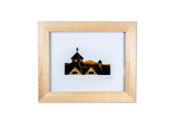 the use of wood to create an image of clock tower